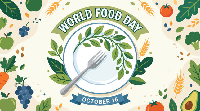 World food day celebration banner featuring a plate with a fork and green leaves surrounded by fresh vegetables fruits and wheat stalks on a soft cream background for sustainable nutrition awareness