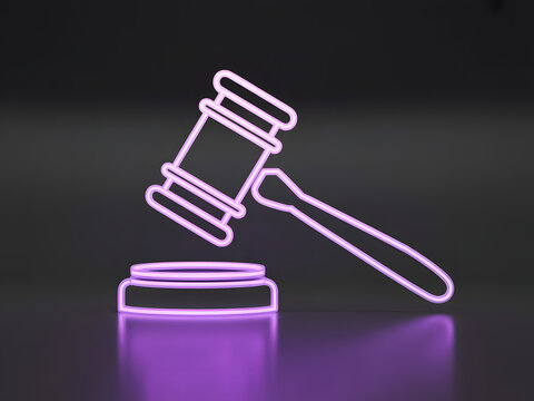 A glowing purple gavel and sound block resting on a dark gradient background, illuminated with a neon purple light.