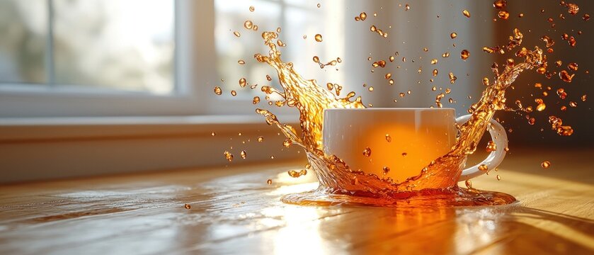 Dynamic Tea Splash: White Mug with Golden Liquid Explosion on Wooden Surface