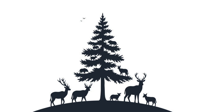 Deer Family Under Pine Tree Silhouette.