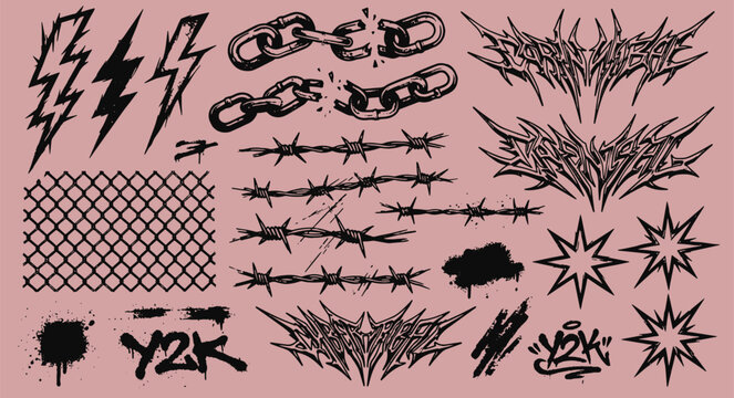 Y2K aesthetic graphic design vector element set featuring neo tribal spikes broken chains barbed wire lightning bolts and stars vector illustration