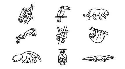 Fototapeta premium Tropical jungle animals icon set, 9 black line vector illustrations of rainforest wildlife, exotic zoo creature symbols for nature branding