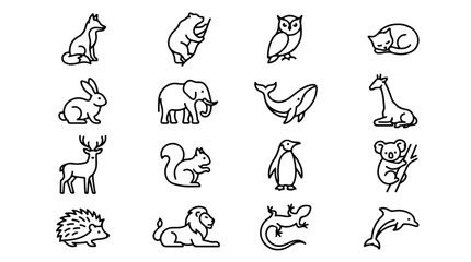 Fototapeta premium Minimalist animal line icons set, 16 black outline wildlife vector symbols, modern zoo and nature fauna illustrations for web and branding