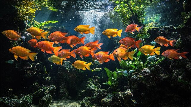 School of Golden Severum Fish Swimming in a Lush Aquarium Environment