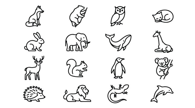 Minimalist animal line icons set, 16 black outline wildlife vector symbols, modern zoo and nature fauna illustrations for web and branding