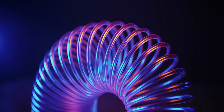 Vibrant blue and red neon lit coil spring on dark background with colorful glowing effect