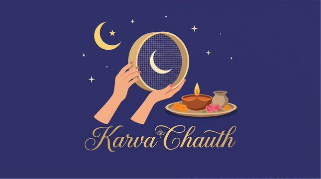 Karva chauth celebration with crescent moon hands holding sieve and traditional puja thali on dark blue background