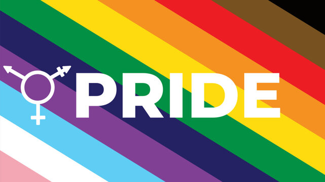 Transgender pride symbol on diagonal progressive rainbow flag backdrop, Modern LGBT community banner featuring bold white typography, Inclusive graphic design vector template for diversity celebration