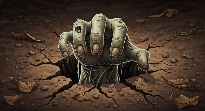 Decayed Zombie Hand Emerging From Cracked Dirt Ground in Dark Horror Scene
