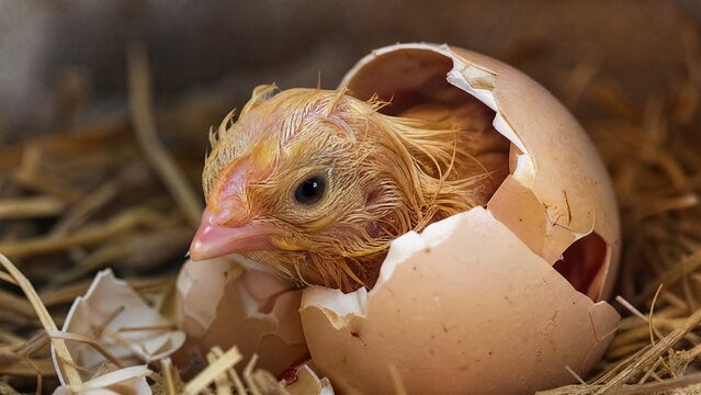 A newly hatched chick emerging from a cracked eggshell, wet feathers and beak visible.