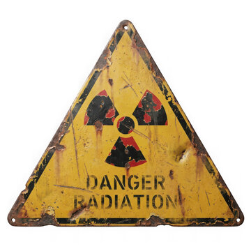 Yellow and black radiation hazard warning sign with trefoil symbol on rusted metal background