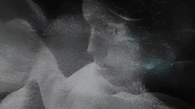 Abstract face profile silhouette with virus hack line music technology glitch on dark gray monochrome background, minimal abstract human head texture with grain and noise for SEO searchable title