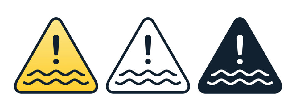 Flood Warning Icon with Water Wave and Alert Symbol. Vector Illustration