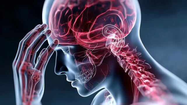 Rendered medical animation shows a man holding his head in pain due to a headache with visible parts of the skull and brain