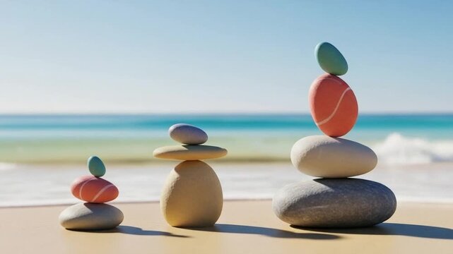 Three stacks of smooth colorful zen stones on a sunny beach representing balance harmony and mindfulness for spa wellness and meditation therapy concepts