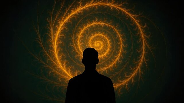 Silhouette of person (unknown gender/ethnicity) facing glowing golden spiral