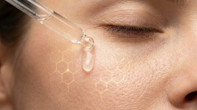 Serum drop on skin closeup shows science research on gene for healthy aging and longevity with visible molecular structure on face