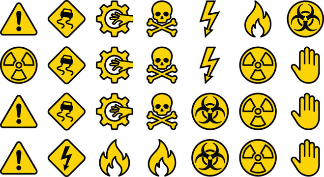 Industrial Safety and Hazard Warning Icon Set Featuring Toxic Skull Radiation Biohazard Flammable Fire and Electrical Shock Symbols for Workplace Caution and Emergency Signage