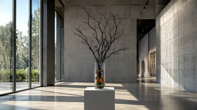 Bare tree branches in glass vase with colorful objects displayed in minimalist interior, blending contemporary decor, creativity and modern architecture