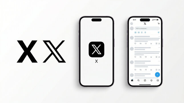 X social media network logo and mobile app user interface UI mockup on iPhone. Twitter rebranding to X company icon set, feed layout, profile screen, and navigation buttons for digital marketing.