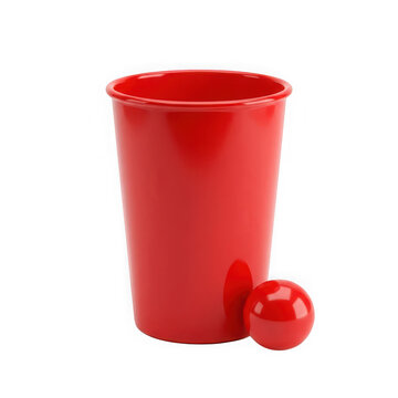 Bright red plastic cup with small red ball on white background minimal setup