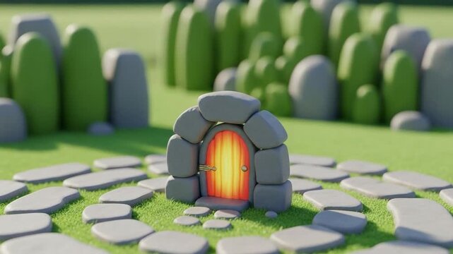 Fantasy stone door with glowing light in a grassy meadow, magical portal entrance in a garden, 3D render of a mystical gateway for fairy tale or game design concepts