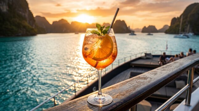 Aperol spritz cocktail on a yacht deck at sunset in ha long bay