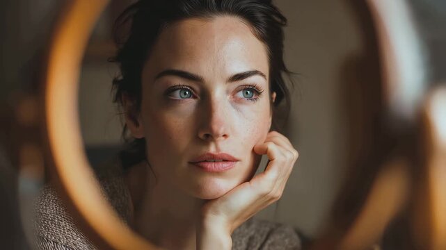 Woman looks thoughtfully into mirror at home while reflecting on her thoughts during the day in soft lighting