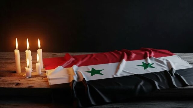 Syrian flag draped on wooden table with lit candles in dark room, concept of national mourning, remembrance, tragedy, conflict, memorial, loss, and solidarity