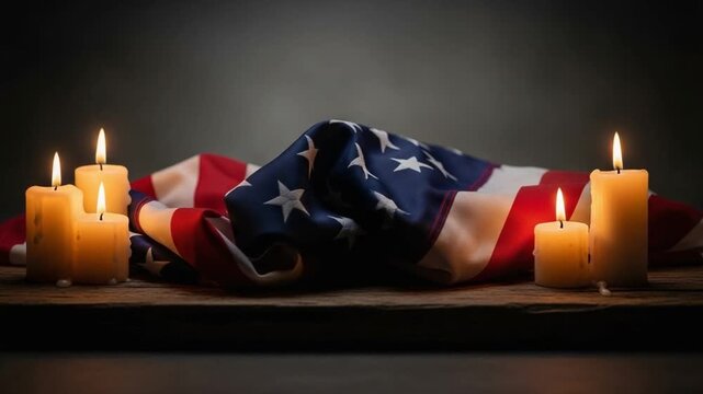 American flag with lit candles on rustic wood table for memorial service, remembrance day, patriotic tribute, solemn commemoration, national mourning, and honor ceremony