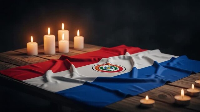 Paraguayan Flag Draped on Wooden Table with Lit Candles for Memorial Tribute and National Mourning Concept in Dark Atmosphere