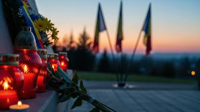 Memorial candles glowing at sunset with flags in background, solemn tribute for remembrance, commemorative ceremony concept, respectful mourning and honor for fallen heroes