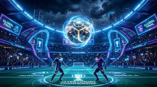Two soccer players standing on a futuristic soccer field with a glowing ball and crowd in the background at the ultra luxury championship in the glow arena