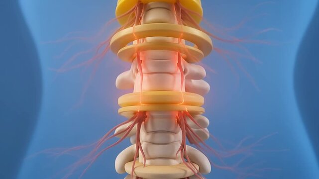 Close up of human spine with highlighted nerves and discs.
