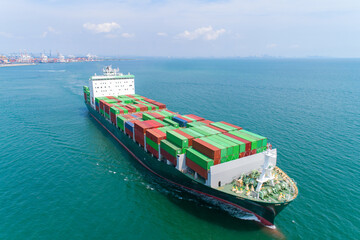 Fototapeta premium Massive Container Ship Navigating the Ocean: A colossal container ship, laden with stacks of colorful cargo containers, cruises through the vast blue expanse of the ocean.