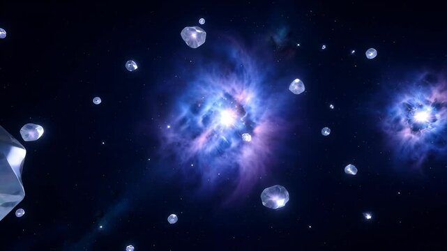 Crystal asteroid star field in deep space with glowing nebula, cosmic background, blue violet light, shimmering galaxy and floating gemstone sphere in dark space