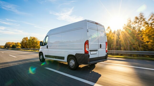 Quick urban delivery van transporting cargo on a sunny motorway.