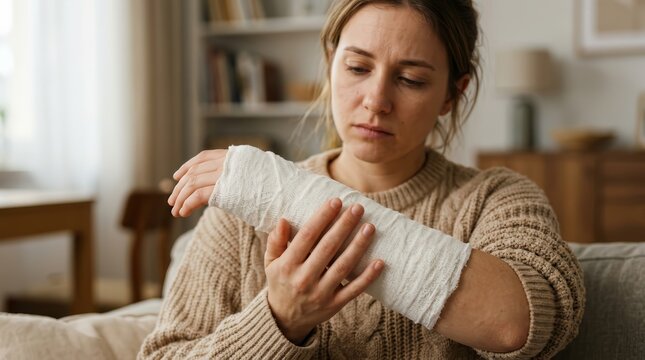 Distressed young woman with a fractured right arm in a white cast massaging her injury.