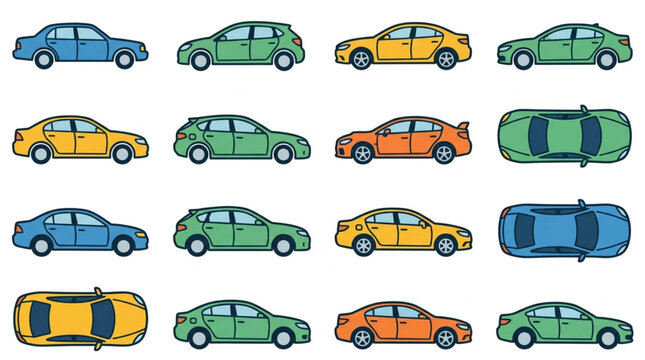 Collection of diverse car illustrations in various colors and perspectives.