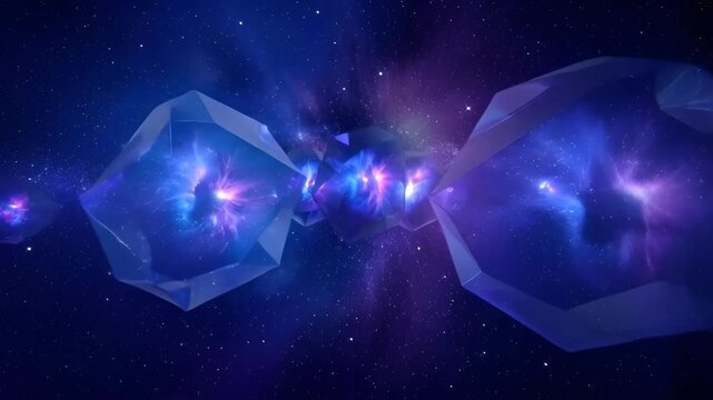 Crystal star deep space blue shimmering nebula galaxy glow dark sky, abstract floating crystal nebula dark space with glowing blue purple light and star field, cosmic scene with crystal star forms