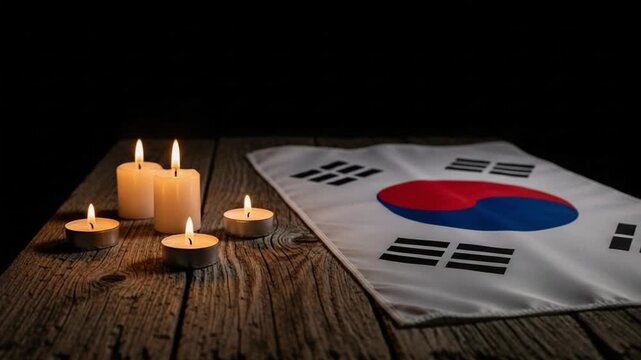 South Korean flag with lit candles on rustic wooden table for memorial service, national mourning, remembrance, tribute, respect, and solemn commemoration ceremony