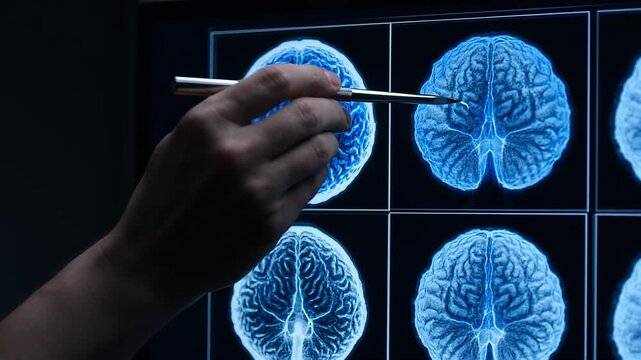 Doctor points to brain scan on screen medical research concept.