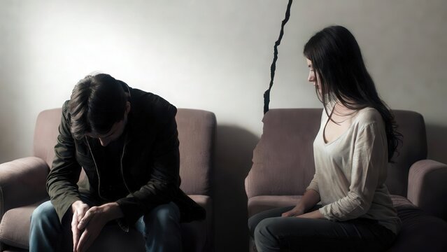 Realistic photograph of a couple sitting apart on a sofa with a large crack running through the wall behind them, symbolizing emotional distance, broken communication, relationship conflict, and marri