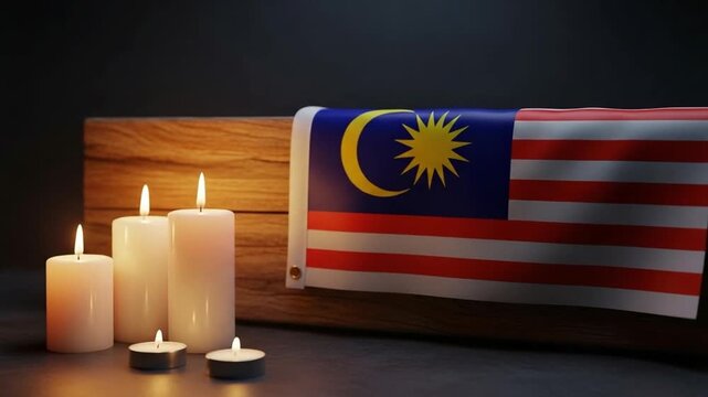 Malaysian flag with lit candles for memorial service, national mourning, remembrance, tribute, patriotism, respect, solemnity, loss, tragedy, sympathy, condolence, unity, peace