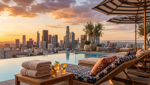 Luxury Infinity Pool Overlooking Modern City Skyline at Sunset
