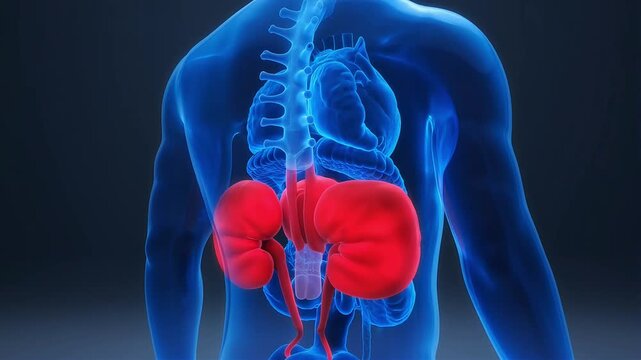 3D Medical Animation of Human Kidneys Highlighted in Red.