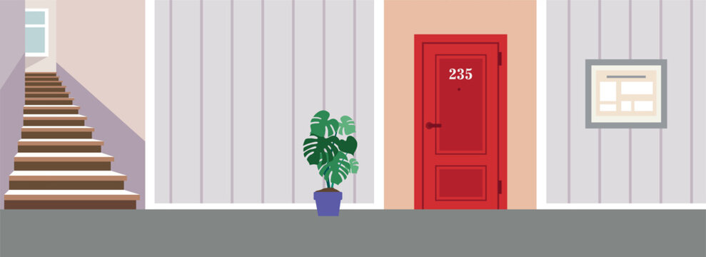 Apartment building corridor with door, with a staircase. Modern residential hallway interior in pastel colors. Flat vector illustration

