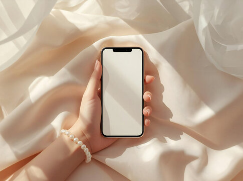 やさしい自然光と布に包まれたスマートフォンモックアップ｜スマホ、手、余白、白背景、女性