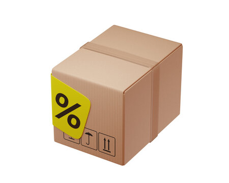 3d Closed Cardboard shipping box with percentage sign, isolated on background for packaging and delivery concept. 3d render
