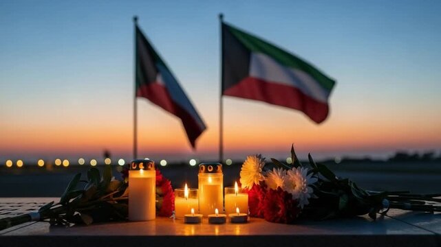 National mourning memorial with candles and flowers in front of flags at sunset, concept of remembrance, tragedy, respect, and national grief for a country